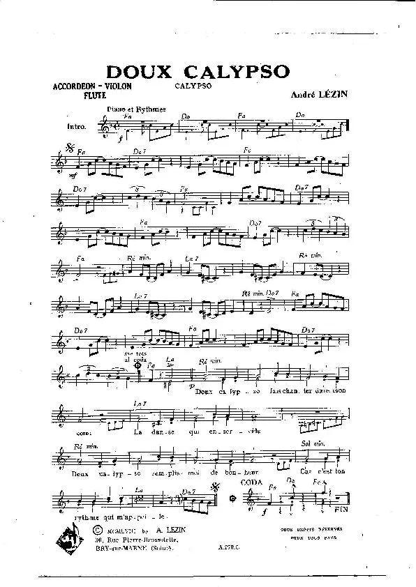 télécharger la partition d'accordéon Doux Calypso (Orchestration) au format PDF