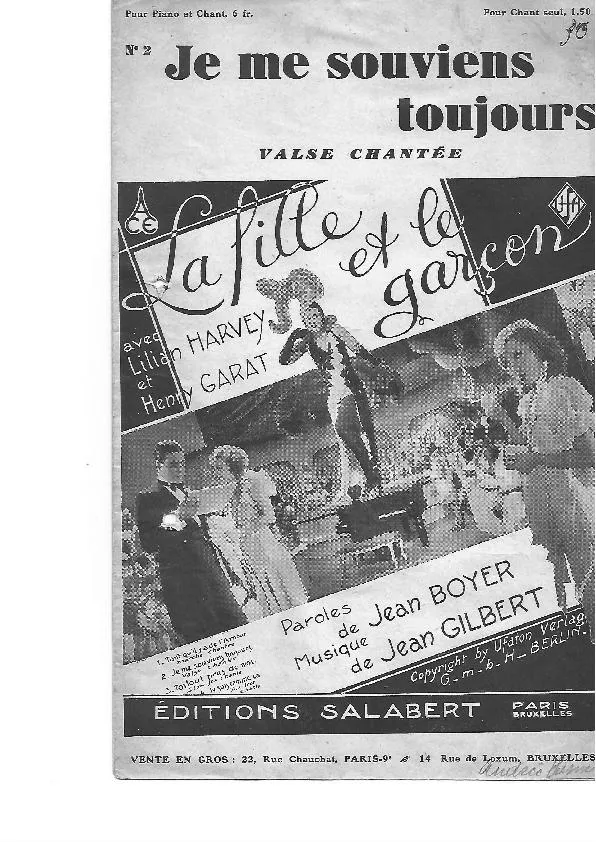 télécharger la partition d'accordéon Je me souviens toujours (Ja So ein Liebespaar) (Valse Chantée par Lilan Harvey et Henry Garat dans le Film : La fille et le garçon) au format PDF