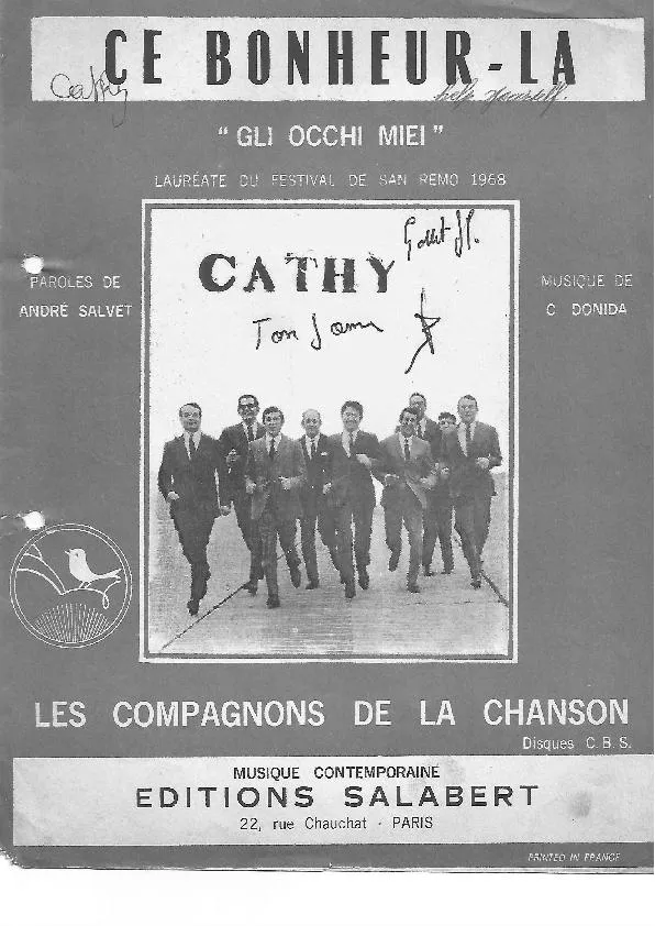 télécharger la partition d'accordéon Ce bonheur là (Gli Occhi Miei) (Du Festival de San Remo 1968) (Chant : Les Compagnons de la Chanson) au format PDF
