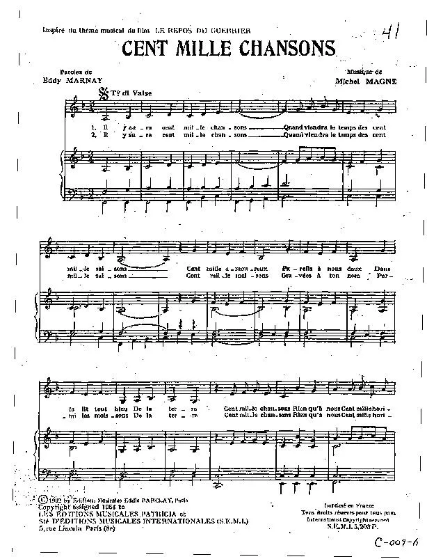 télécharger la partition d'accordéon Cent mille chansons (Inspiré du Film : Le repos du guerrier) (Valse) au format PDF