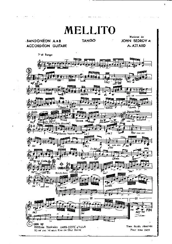 télécharger la partition d'accordéon Mellito (Créé par : Primo Corchia et son ensemble) (Orchestration) (Tango) au format PDF