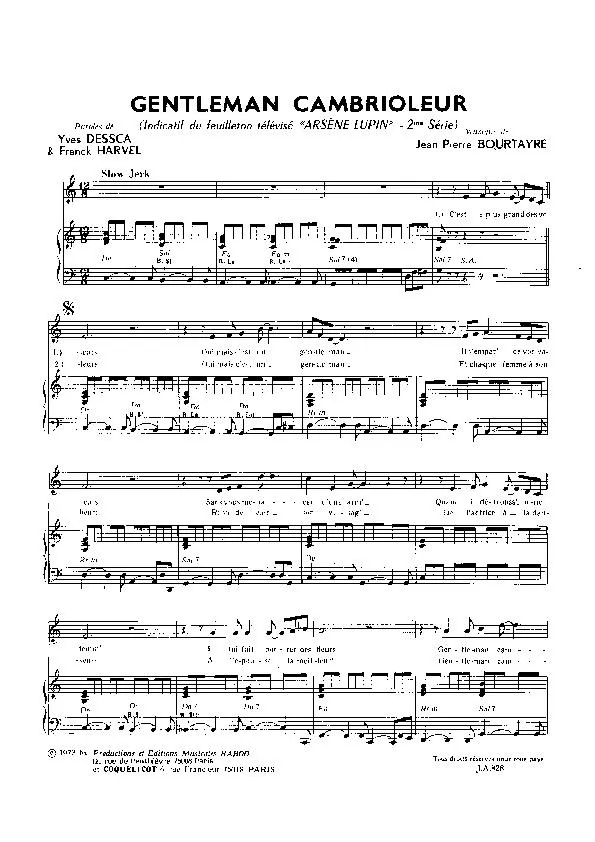 télécharger la partition d'accordéon Gentleman Cambrioleur (Indicatif du feuilleton télévisé : Arsène Lupin) (Chant : Jacques Dutronc) (Slow Jerk) au format PDF