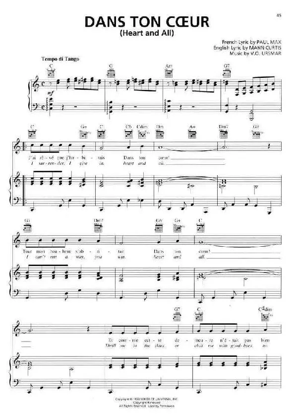 télécharger la partition d'accordéon Dans ton coeur (Heart and all) (Chant : Marjal) (Tango) au format PDF