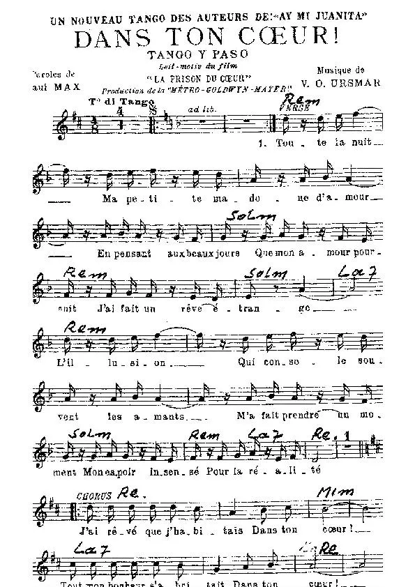 télécharger la partition d'accordéon Dans ton coeur (Leit-motiv du Film : La prison du coeur) (Chant : Marjal) (Tango) au format PDF