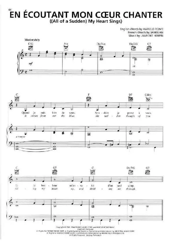 télécharger la partition d'accordéon En écoutant mon coeur chanter (All of a sudden My heart sings) (Chant : Charles Trenet) (Pop) au format PDF