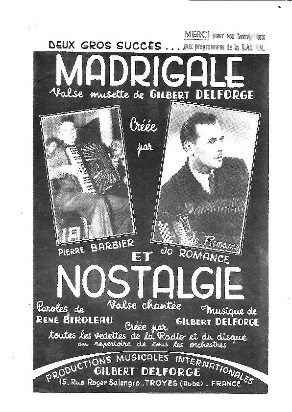 télécharger la partition d'accordéon Madrigale (Créée par : Pierre Barbier / Jo Romance) (Valse Musette) au format PDF