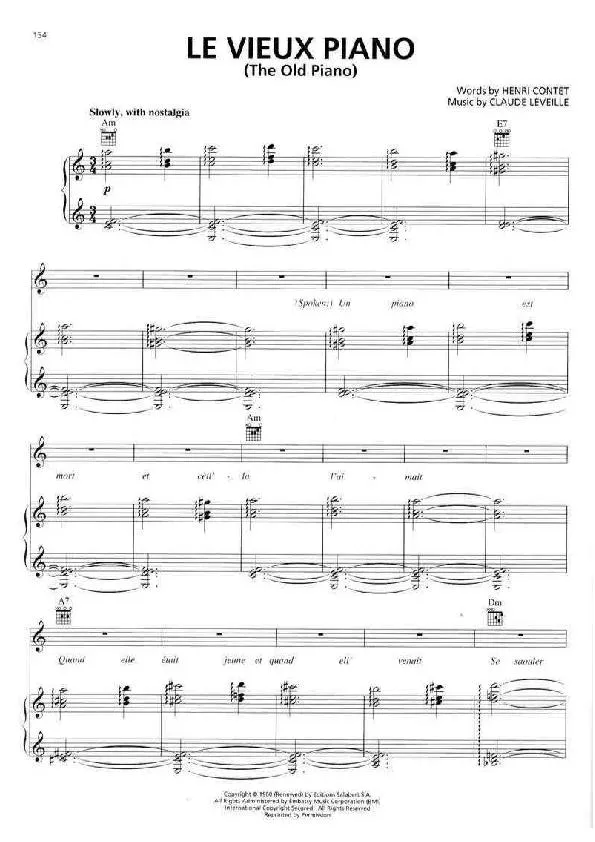 télécharger la partition d'accordéon Le vieux piano (The old piano) (Chant : Edith Piaf) (Slow) au format PDF
