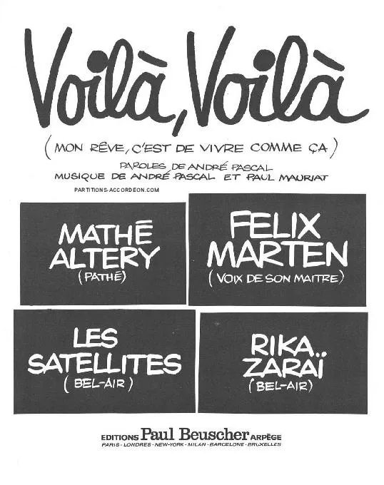 télécharger la partition d'accordéon Voilà Voilà (Mon rêve C'est de vivre comme ça) (Chant : Mathé Altery / Félix Marten / Les Satellites / Rika Zaraï) (Twist) au format PDF