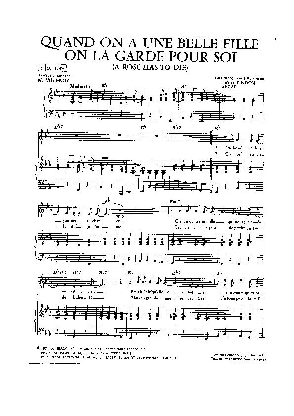 télécharger la partition d'accordéon Quand on a une belle fille on la garde pour soi (A rose has to die) (Chant : Sacha Distel) (Pop) au format PDF