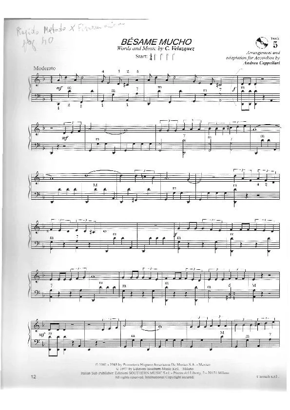télécharger la partition d'accordéon Besame Mucho (Arrangement : Andrea Cappellari) (Chant : Joao Gilberto) (Bossa Nova) au format PDF