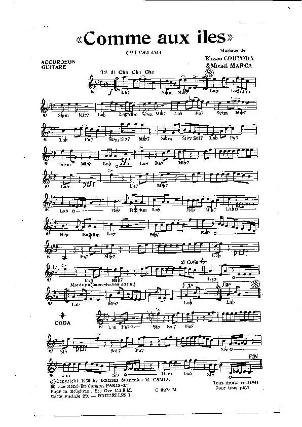 télécharger la partition d'accordéon Comme aux îles (Orchestration) (Cha Cha Cha) au format PDF