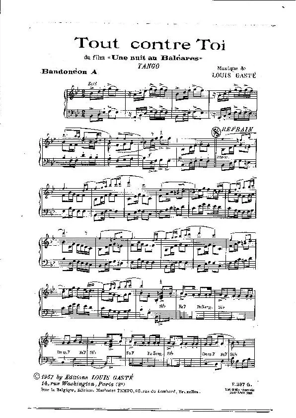 télécharger la partition d'accordéon Tout contre toi (Du Film : Une nuit aux Baléares) (Bandonéon A + B) (Tango) au format PDF