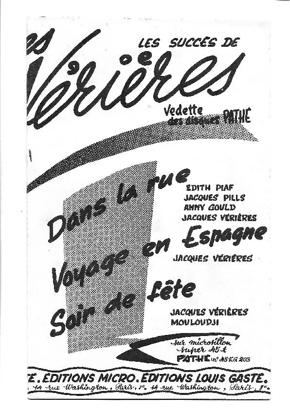 télécharger la partition d'accordéon Les Succès de Jacques Vérières / Les Chansons de Jacques Vérières (Chantés par : Line Renaud / Edith Piaf / Mouloudji) au format PDF