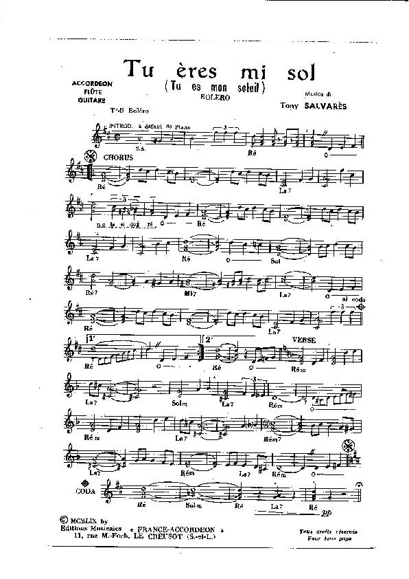 télécharger la partition d'accordéon Tu ères mi sol (Tu es mon soleil) (Orchestration) (Boléro) au format PDF
