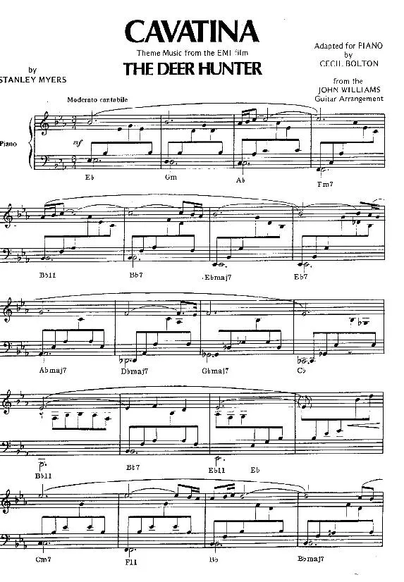 télécharger la partition d'accordéon Cavatina (Du film : The Deer Hunter) (Arrangement Piano : Cecil Bolton / Arrangement Guitare : John Williams) (Slow) au format PDF