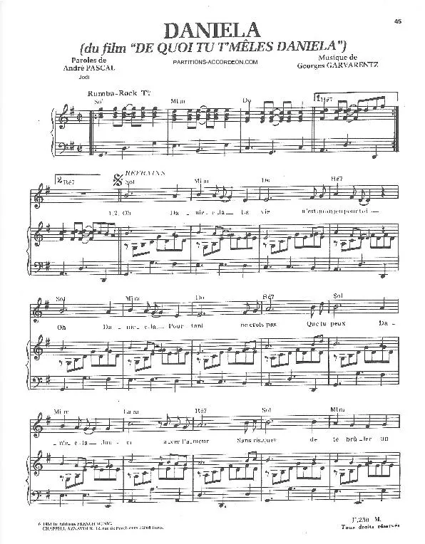 télécharger la partition d'accordéon Daniela (Du Film : De quoi tu t' mêles Daniela) (Chant : Eddy Mitchell) (Rumba Rock) au format PDF