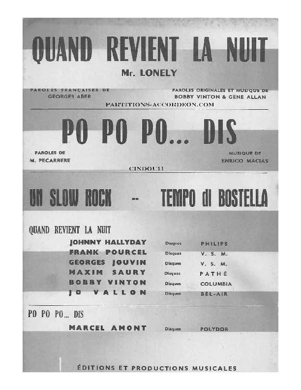 télécharger la partition d'accordéon Quand revient la nuit (Mister Lonely) (Chant : Johnny Hallyday) (Orchestration Complète) (Slow Rock) au format PDF