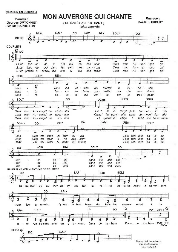 télécharger la partition d'accordéon Mon Auvergne qui chante (Du Sancy au Puy Mary) (Valse Bourrée) au format PDF
