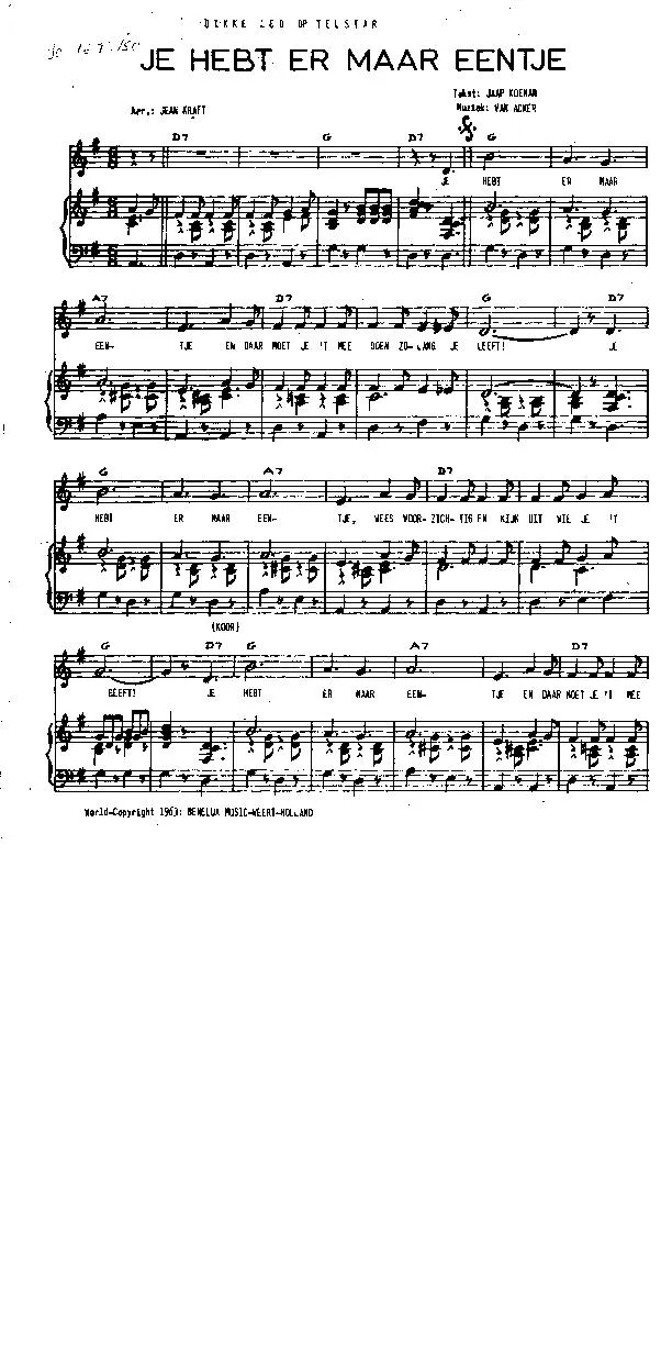 télécharger la partition d'accordéon Je hebt er maar eentje (Interprète : Dikke Leo) (Arrangement : Jean Kraft) au format PDF