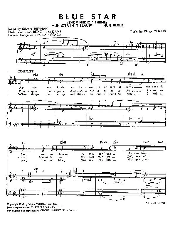 télécharger la partition d'accordéon Blue star (Mijn Ster in 't blauw) (Nuit bleue) (The Medic theme) au format PDF