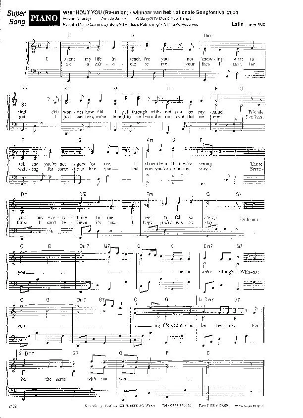télécharger la partition d'accordéon Without you (Interprète : Re-union) (Arrangement : Jo Janse) (Bossa) au format PDF