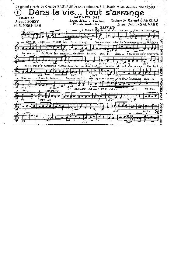 télécharger la partition d'accordéon Dans la vie tout s'arrange (Interprète et arrangement : Camille Sauvage) (One Step) au format PDF