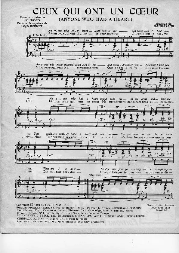 télécharger la partition d'accordéon Ceux qui ont un coeur (Anyone who had a heart) (Chant : Pétula Clark) au format PDF