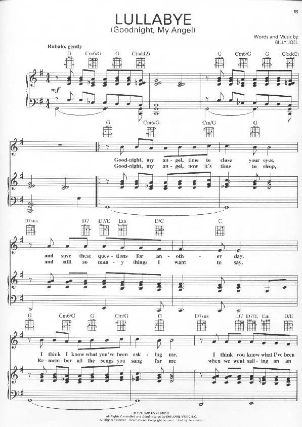télécharger la partition d'accordéon Lullabye (Goodnight My Angel) (Ballade) au format PDF