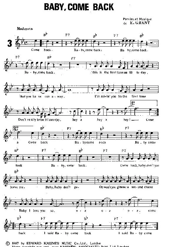 télécharger la partition d'accordéon Baby come back (Interprètes : The Equals) (Moderate Rock) au format PDF