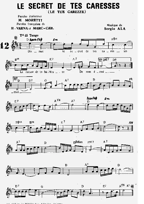 télécharger la partition d'accordéon Le secret de tes caresses (Le tue carezze) (Interprète : Tino Rossi) (Tango) au format PDF