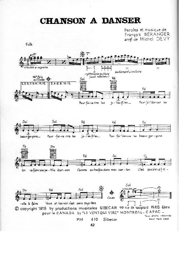 télécharger la partition d'accordéon Chanson à danser (Arrangement : Michel Devy) (Folk) au format PDF