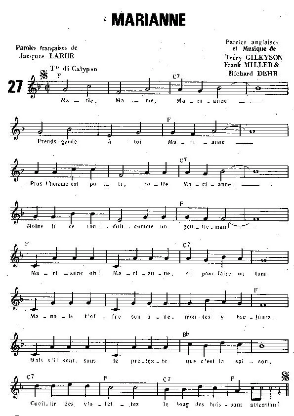 télécharger la partition d'accordéon Marianne (Interprète : Terry Gilkyson & The Easy Riders) (Calypso) au format PDF