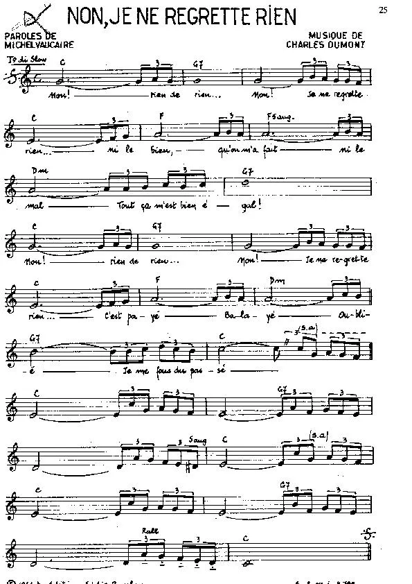 télécharger la partition d'accordéon Non Je ne regrette rien (Interprète : Edith Piaf) (Slow Rock) au format PDF