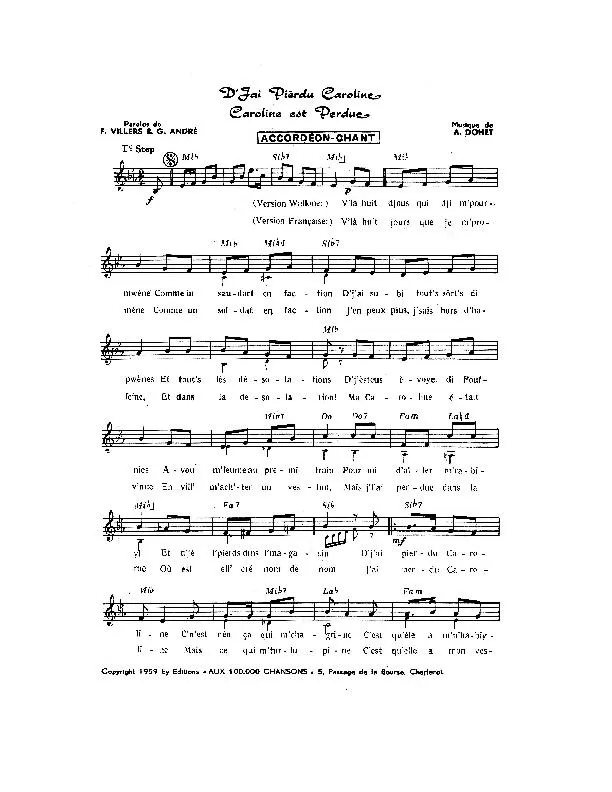 télécharger la partition d'accordéon D' j'ai pierdu Caroline Caroline est perdue (Step) au format PDF