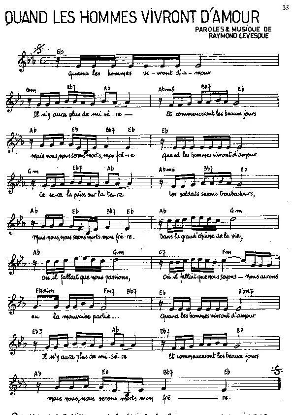 télécharger la partition d'accordéon Quand les hommes vivront d'amour (Interprètes : Félix Leclerc / Gilles Vigneault / Robert Charlebois) (Ballade)  au format PDF