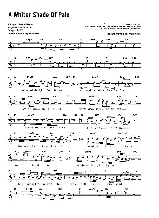 télécharger la partition d'accordéon A whiter shade of pale (Interprète : Procol Harum) (Ballade) au format PDF