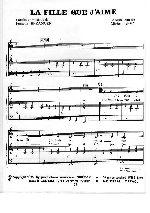 télécharger la partition d'accordéon La fille que j'aime (Arrangement : Michel Devy) au format PDF