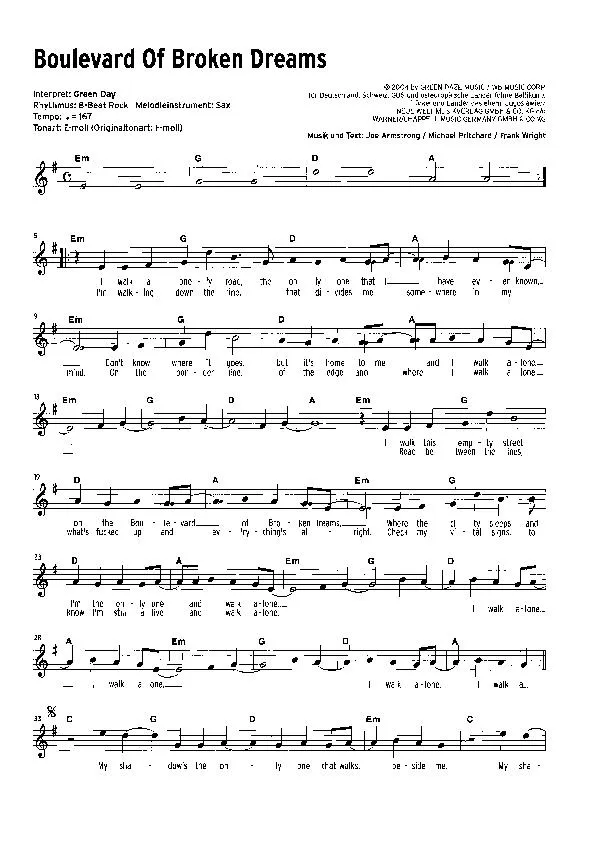 télécharger la partition d'accordéon Boulevard of broken dreams (Interprète : Green Day) (Swing Rock) au format PDF