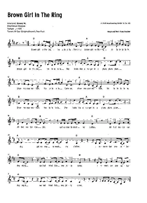 télécharger la partition d'accordéon Brown girl in the ring (Interprète : Boney M) (Disco Rock) au format PDF