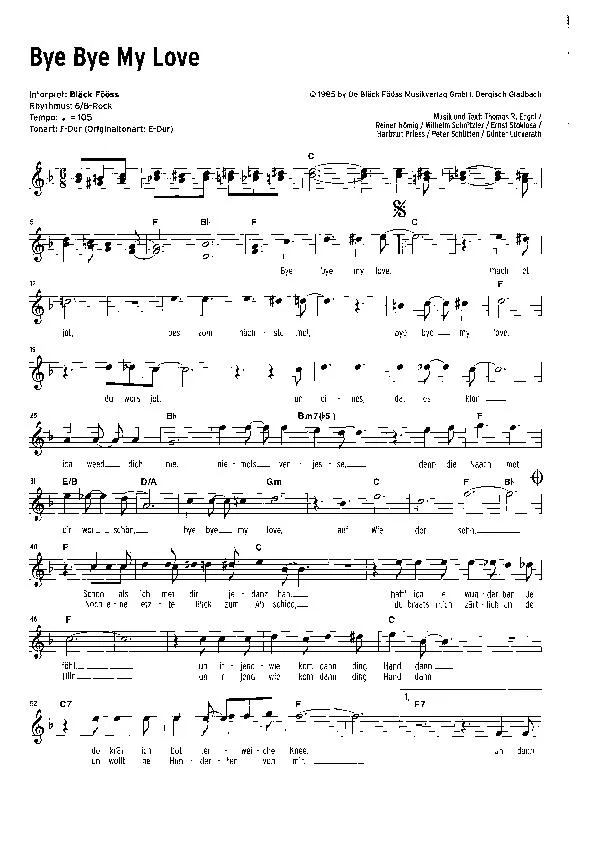 télécharger la partition d'accordéon Bye bye my love (Interprète : Bläck Fööss) (Slow Rock) au format PDF
