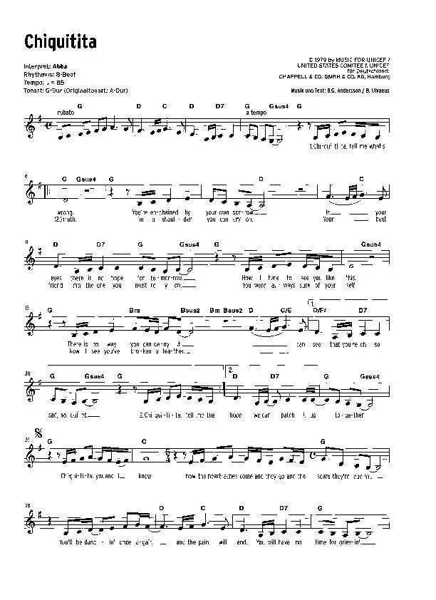 télécharger la partition d'accordéon Chiquitita (Interprète : Abba) (Ballade) au format PDF