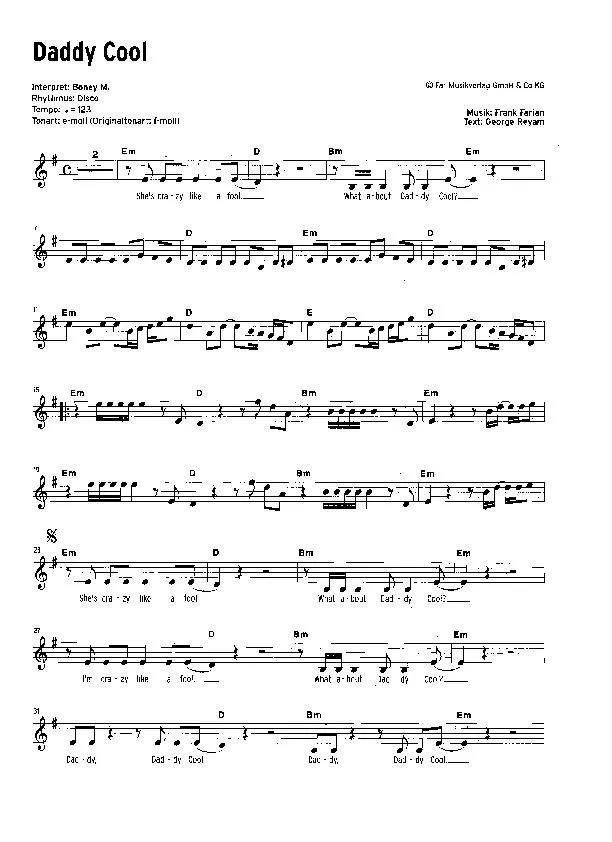 télécharger la partition d'accordéon Daddy Cool (Interprète : Boney M) (Disco) au format PDF
