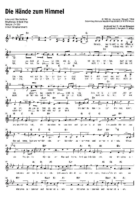 télécharger la partition d'accordéon Die Hände zum Himmel (Interprètes : Die Kolibris) (Schlager) au format PDF