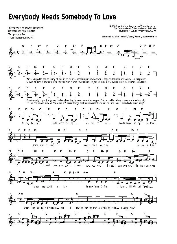 télécharger la partition d'accordéon Everybody needs somebody to love (Interprètes : The Blues Brothers) (Reggae) au format PDF