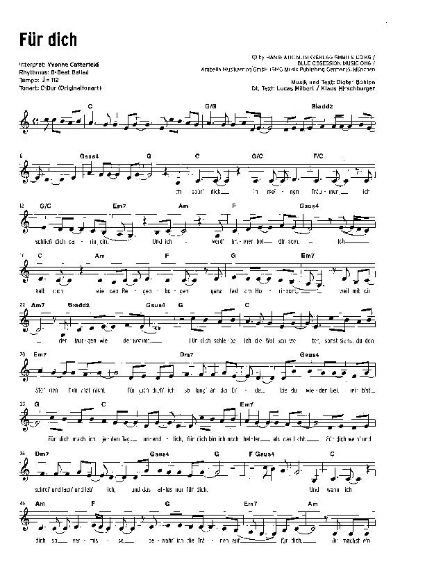 télécharger la partition d'accordéon Für dich (Interprète : Yvonne Catterfeld) (Ballade) au format PDF