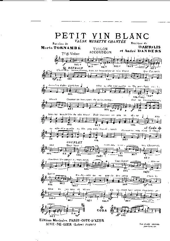 télécharger la partition d'accordéon Petit vin blanc (Valse Musette Chantée) au format PDF