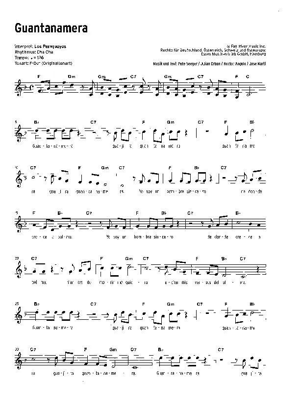 télécharger la partition d'accordéon Guantanamera (Interprète : Los Paraguayos) (Cha Cha) au format PDF