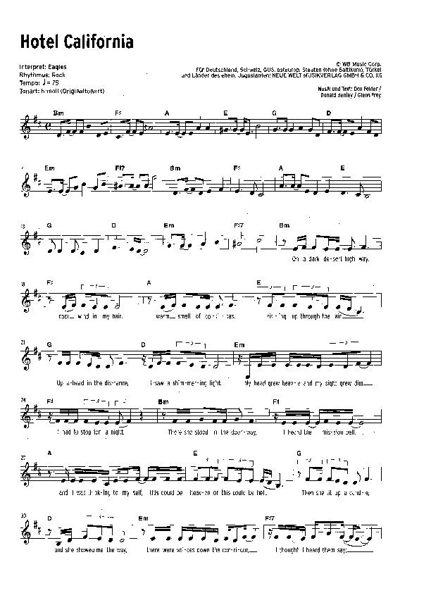 télécharger la partition d'accordéon Hotel California (Interprètes : Eagles) (Slow Rock) au format PDF
