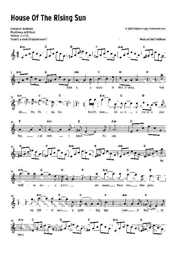 télécharger la partition d'accordéon House of the rising sun (Interprètes : Animals) (Slow Rock) au format PDF
