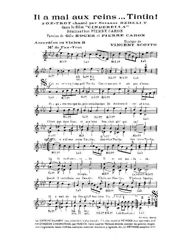 télécharger la partition d'accordéon Il a mal aux reins Tintin (Chanté par : Suzanne Dehelly dans le film Cinderella) (Fox Trot) au format PDF